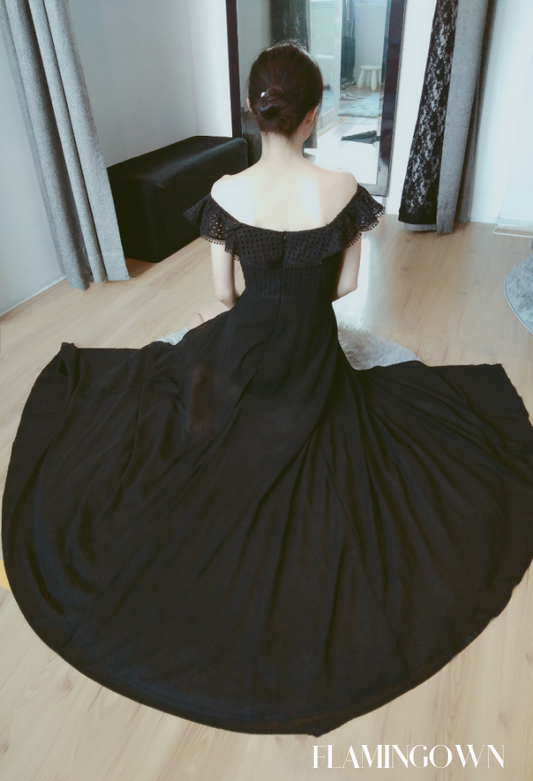 Off-Shoulder Eyelet with Front Sheer Maxi Dress