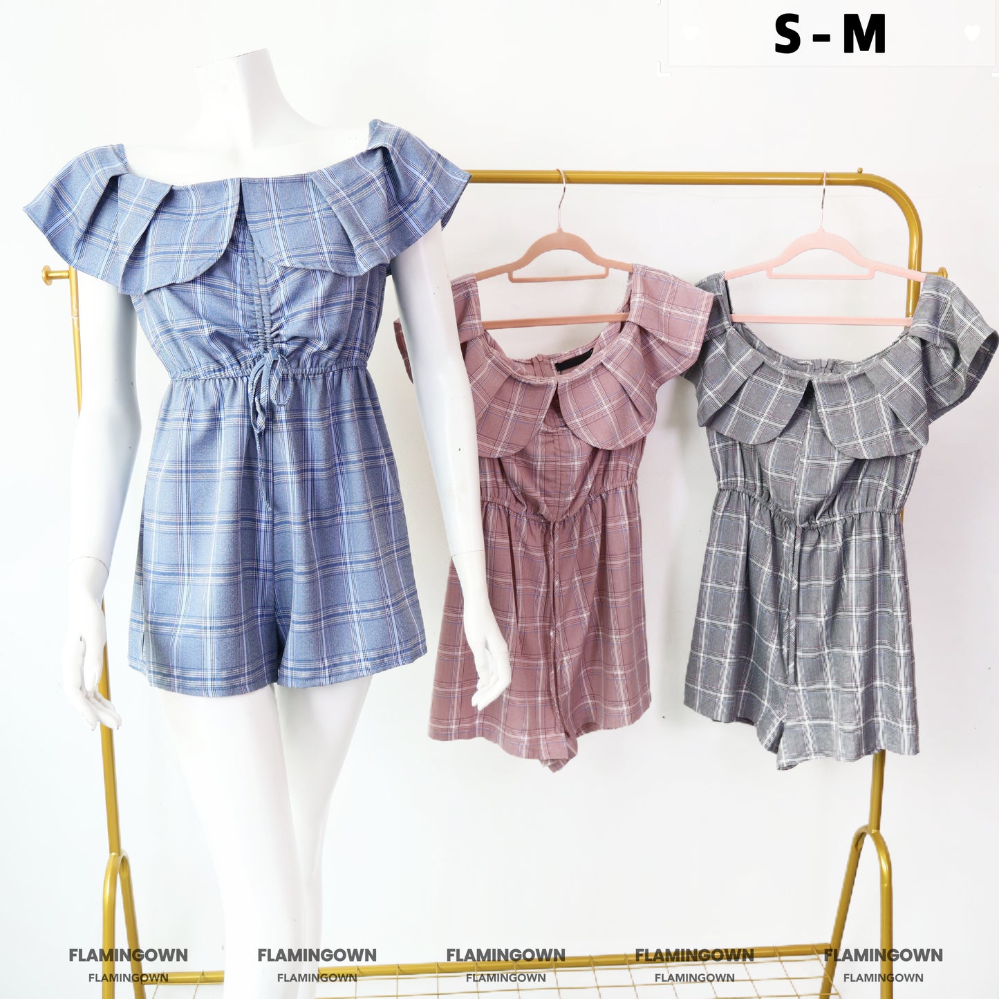 Off-Shoulder Plaid Romper