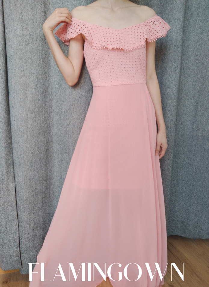 Off-Shoulder Eyelet with Front Sheer Maxi Dress