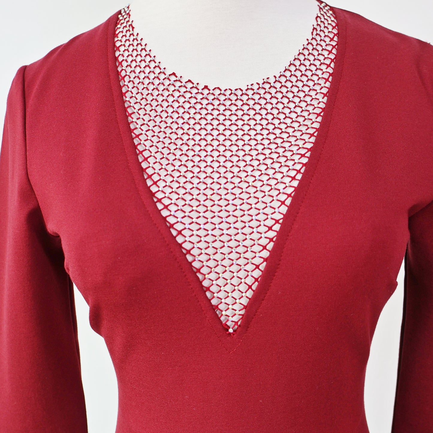 Long Sleeve Sheer Plunge Neckline with Faux Rhinestone Mini Dress