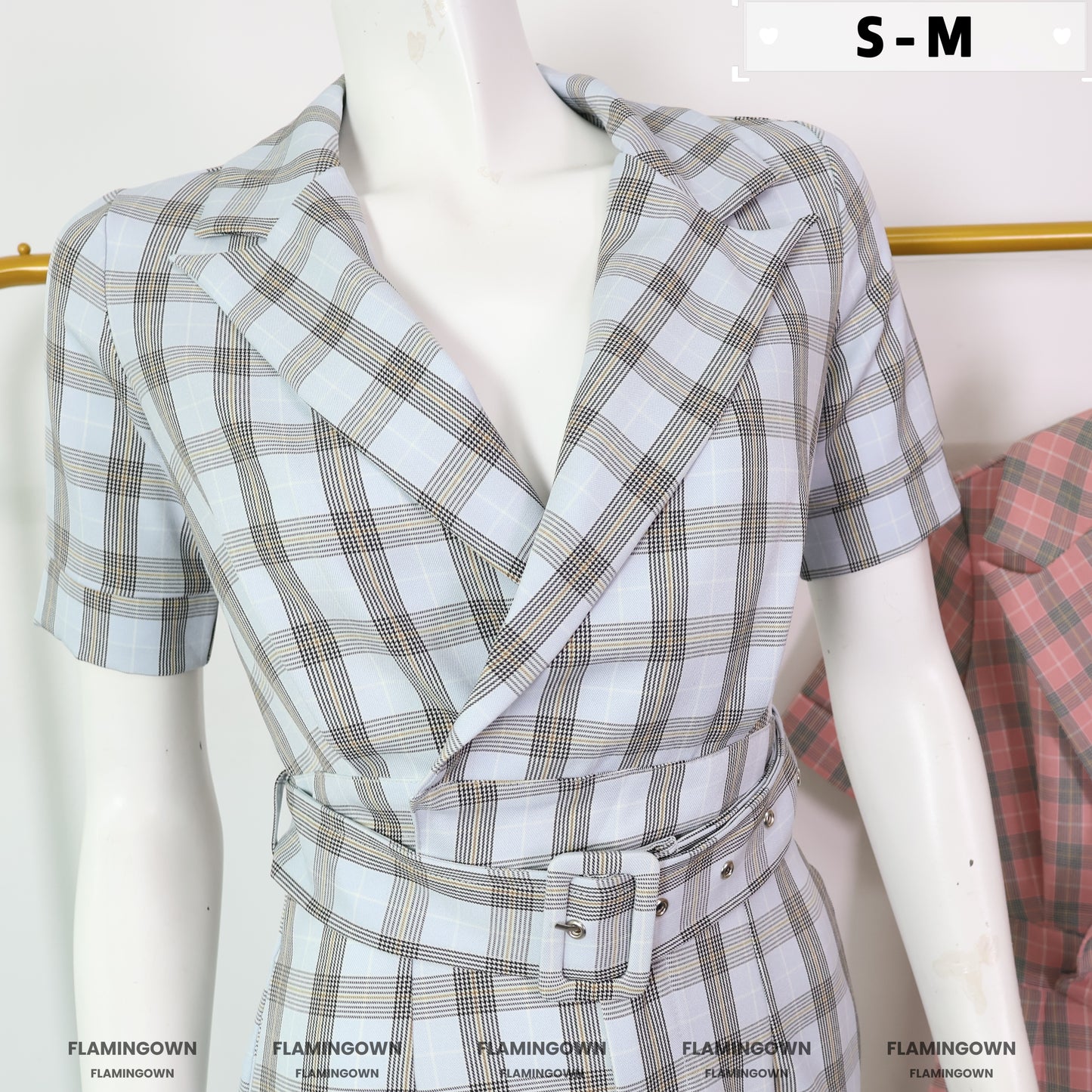 Lapel-Collar Plaid Romper with Pockets