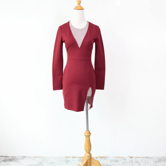 Long Sleeve Sheer Plunge Neckline with Faux Rhinestone Mini Dress