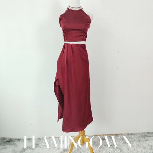 Halter Neck Top with Faux Rhinestone & Long Skirt with High Asymmetrical Slit