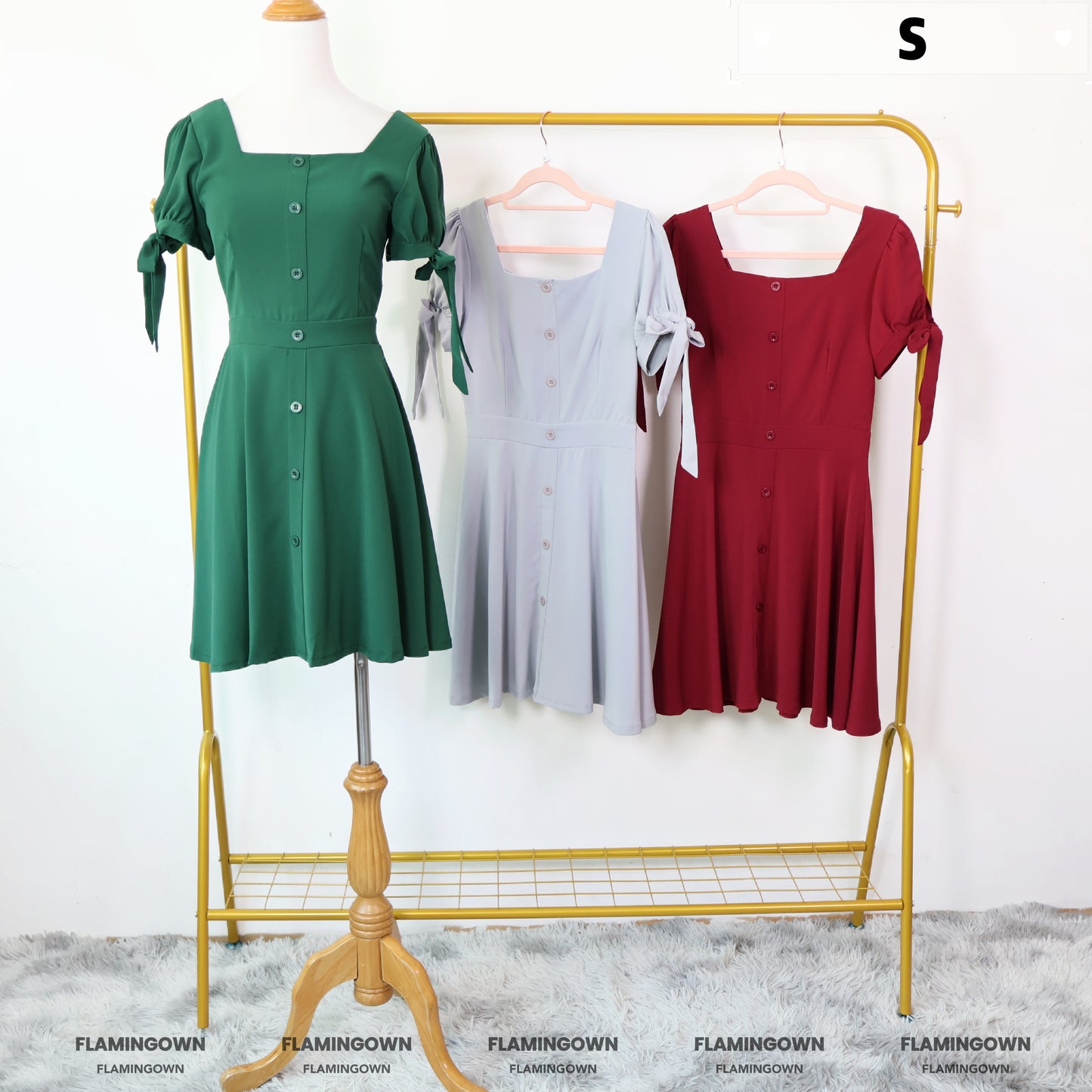 Square-Neck Bow-Tie-Sleeve Mini Dress