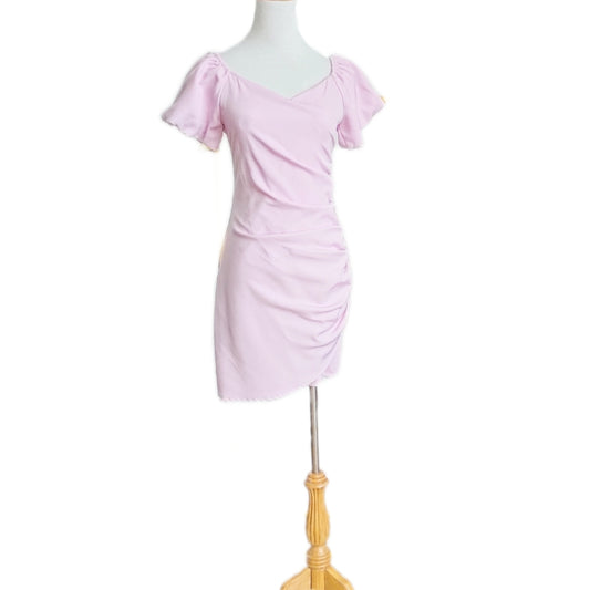 Puff Sleeves Ruched with Asymmetrical Slit Mini Dress