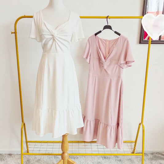 Handkerchief Sleeves Twisted Front Flare Midi Dress