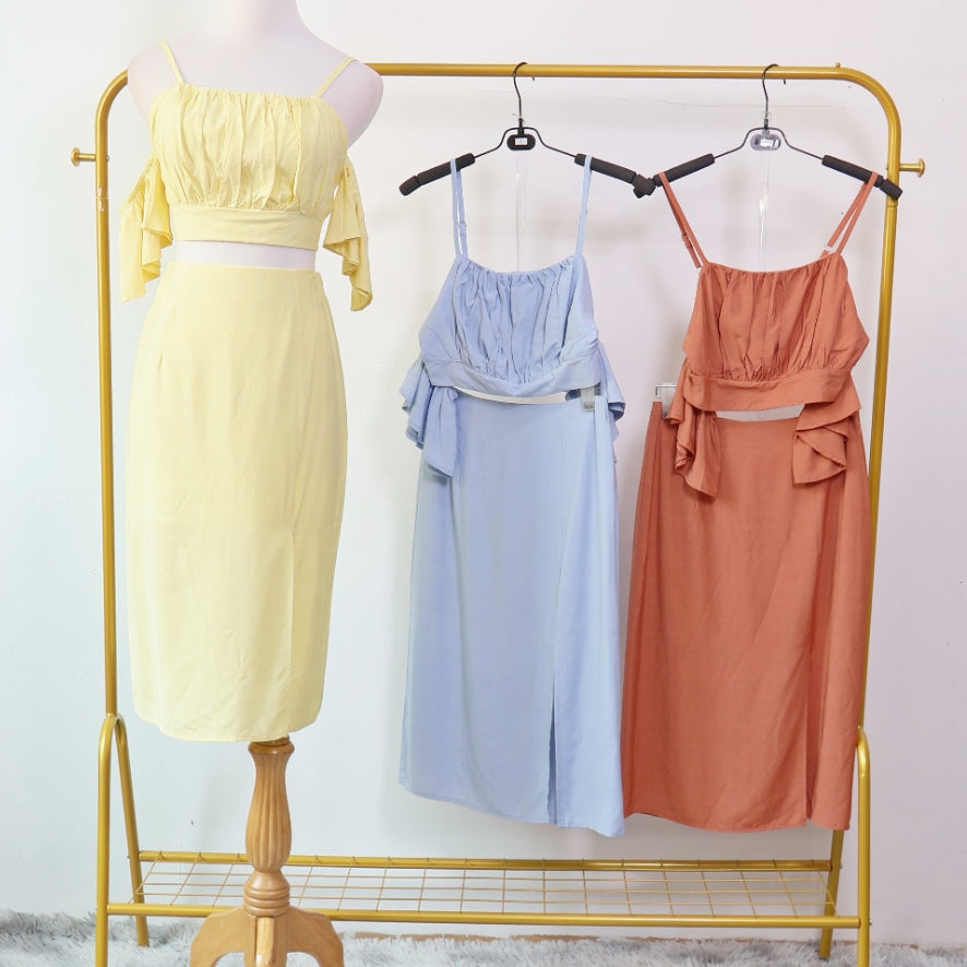 Adjustable Strap Cold Shoulder Top & Midi Skirt with Slit