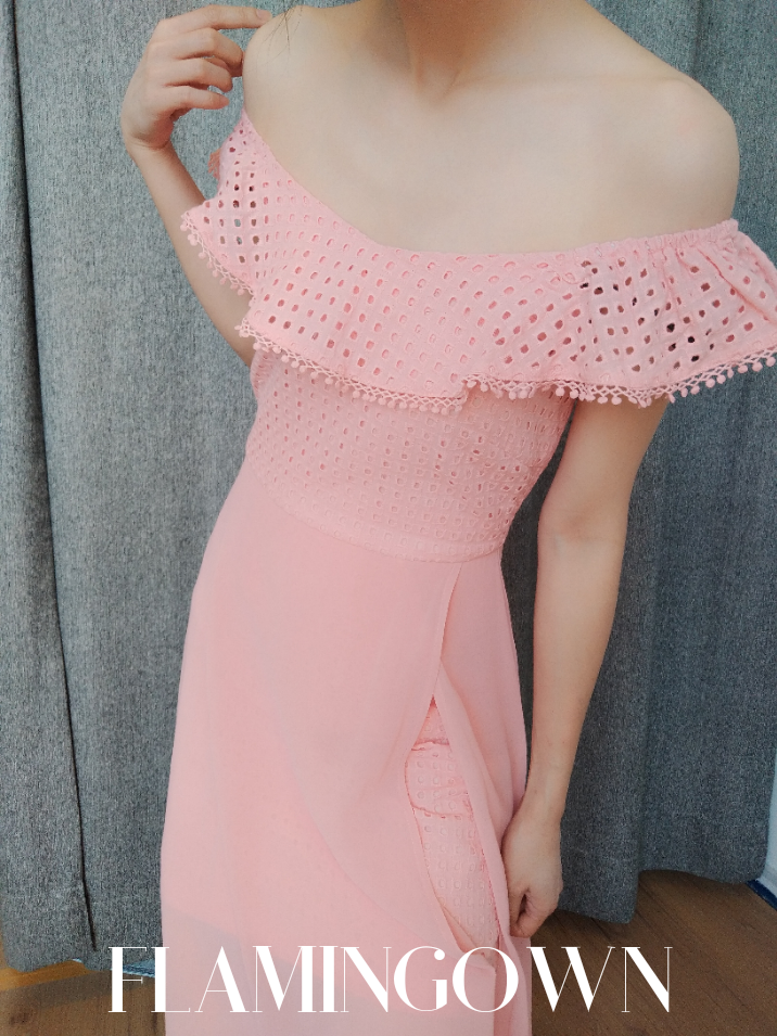 Off-Shoulder Eyelet with Front Sheer Maxi Dress