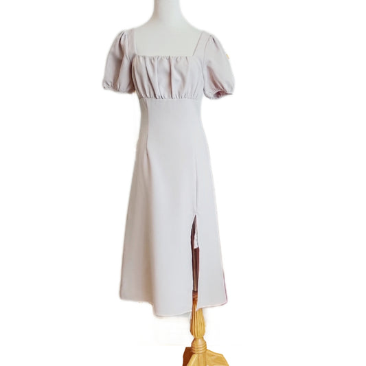 Square-Neck Puff-Sleeves with High Slit Midi Dress