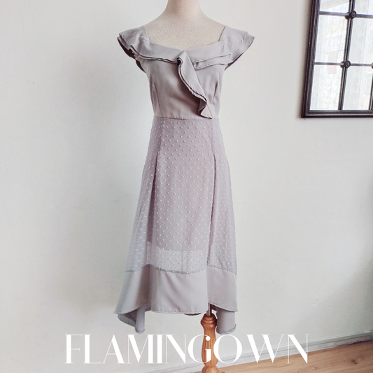 Off-Shoulder Ruffle Front with Eyelet Sheer High Low Midi Dress
