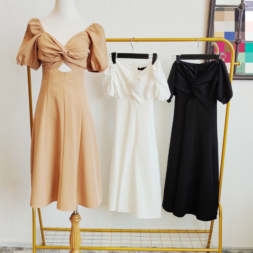 Cuff-Sleeves Twisted Front Cutout Waist Midi Dress