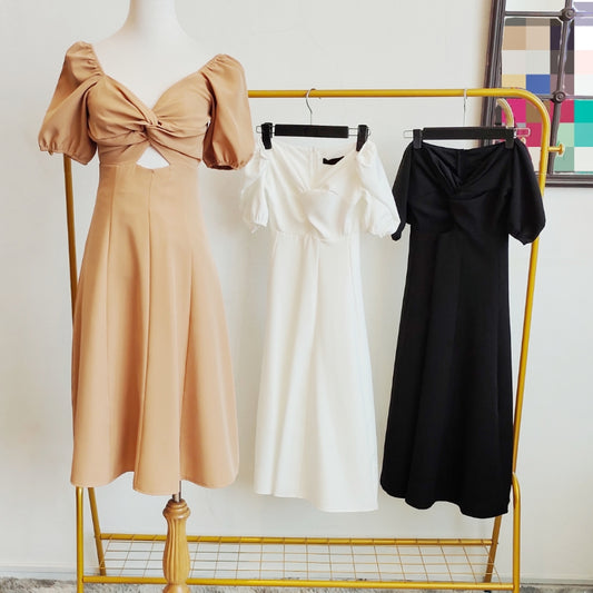 Cuff-Sleeves Twisted Front Cutout Waist Midi Dress