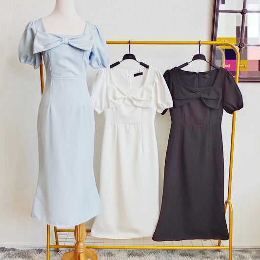 Puff-Sleeves Ribbon Front Mermaid Midi Dress