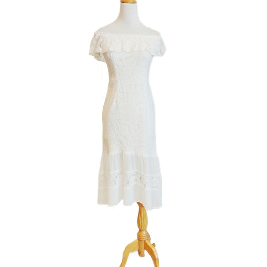 Off-Shoulder Ruffle Front Lace Embroidered Midi Dress