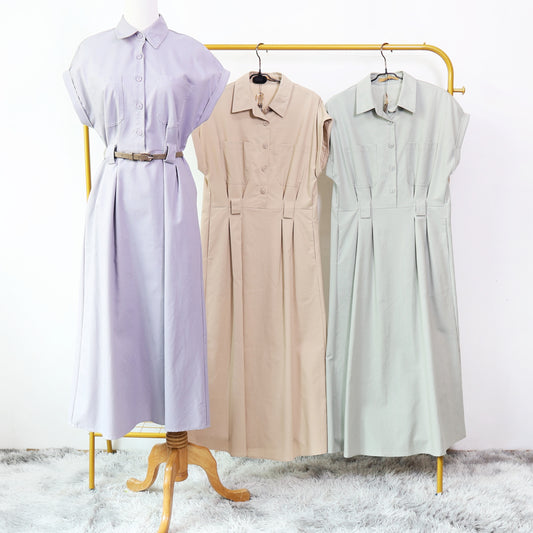 Collared Folded Fitted Sleeves with Belted Midi Dress