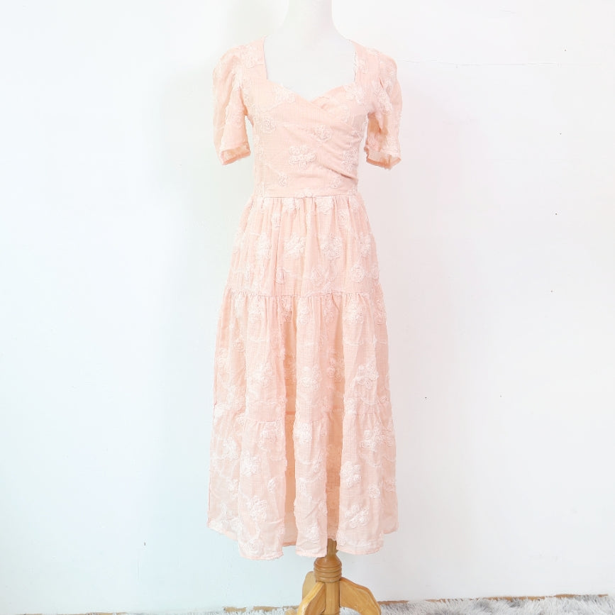 Surplice Neck Floral Embroidered Midi Dress