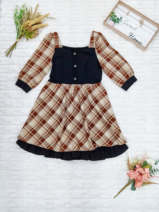 Square Neck Long Sleeve Plaid Knee-Length Dress