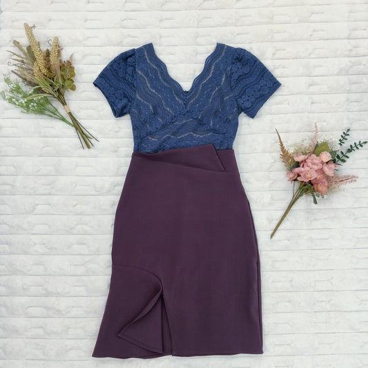 Mock Two-Piece Lace with Slits Midi Dress