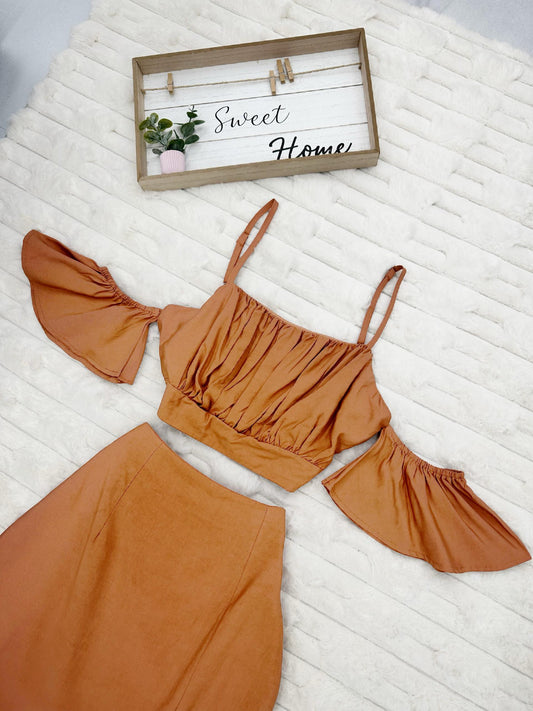 Adjustable Strap Cold Shoulder Top & Midi Skirt with Slit
