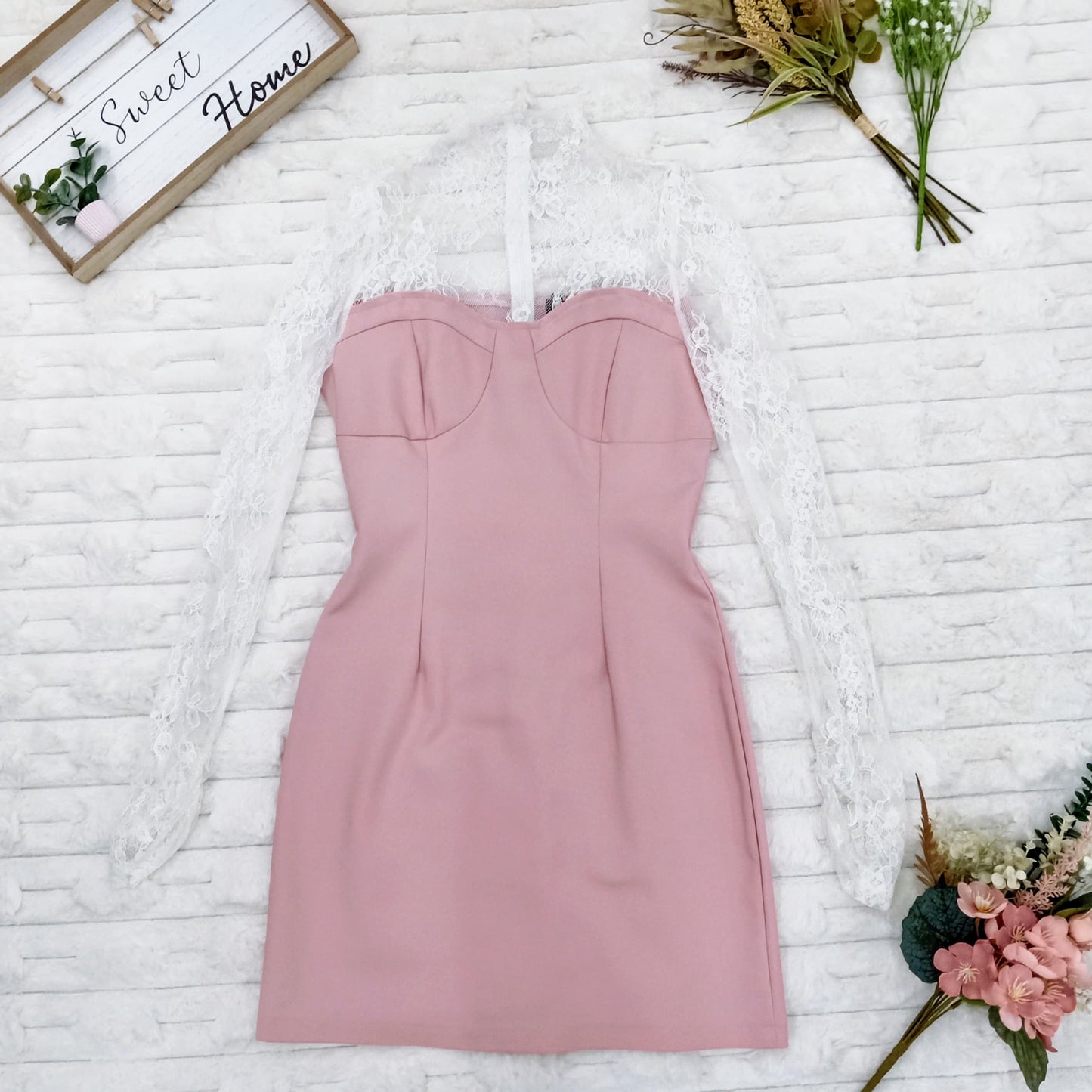 Mock Neck Floral Lace Midi Dress