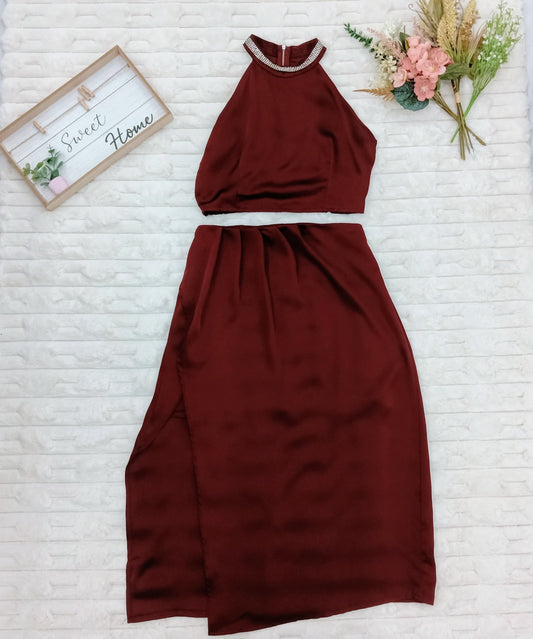 Halter Neck Top with Faux Rhinestone & Long Skirt with High Asymmetrical Slit