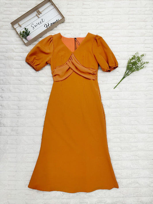 V-Neck Puff Sleeves Mermaid Midi Dress