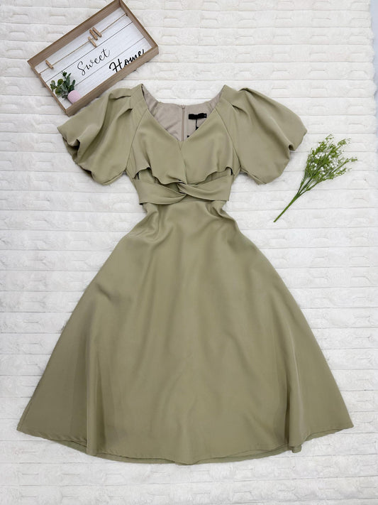 V-Neck Twisted Front Puff Sleeves with Pockets Flare Midi Dress