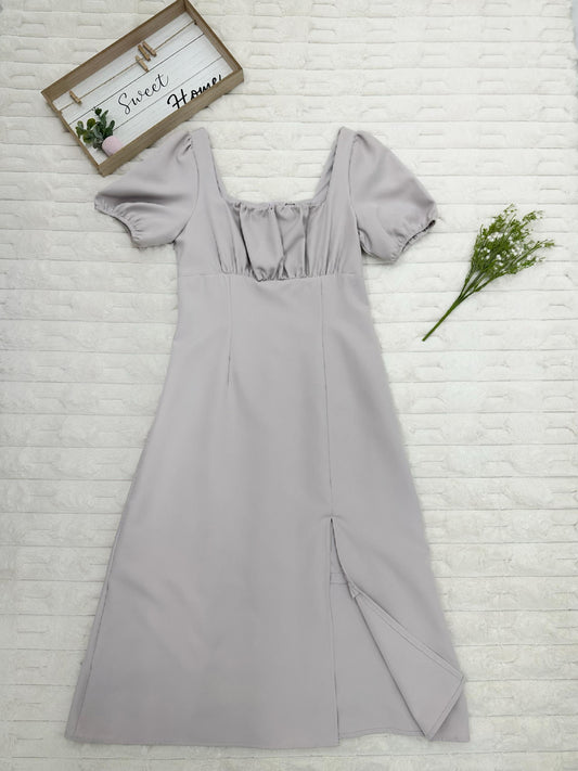 Square-Neck Puff-Sleeves with High Slit Midi Dress