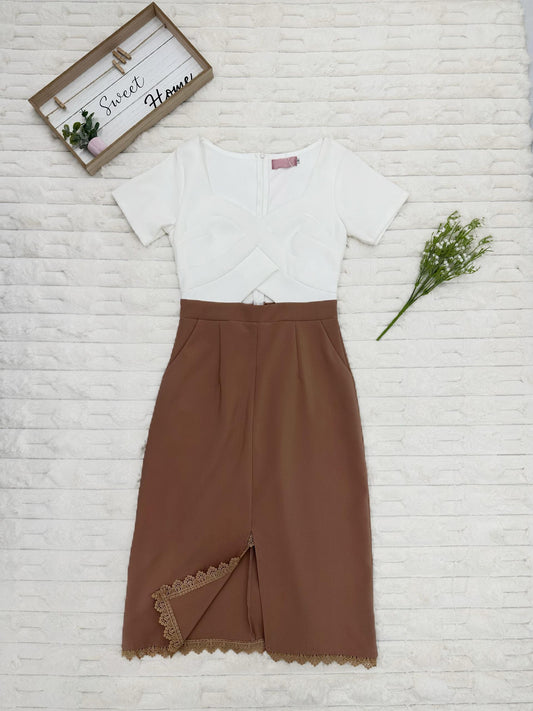 Two-Tone Cutout Lace Trim with Pockets Midi Dress