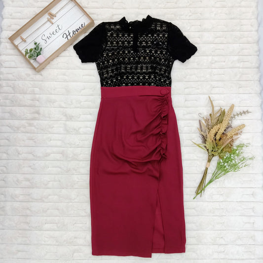 Lace Mock-Neck Ruched with High Slit Midi Dress