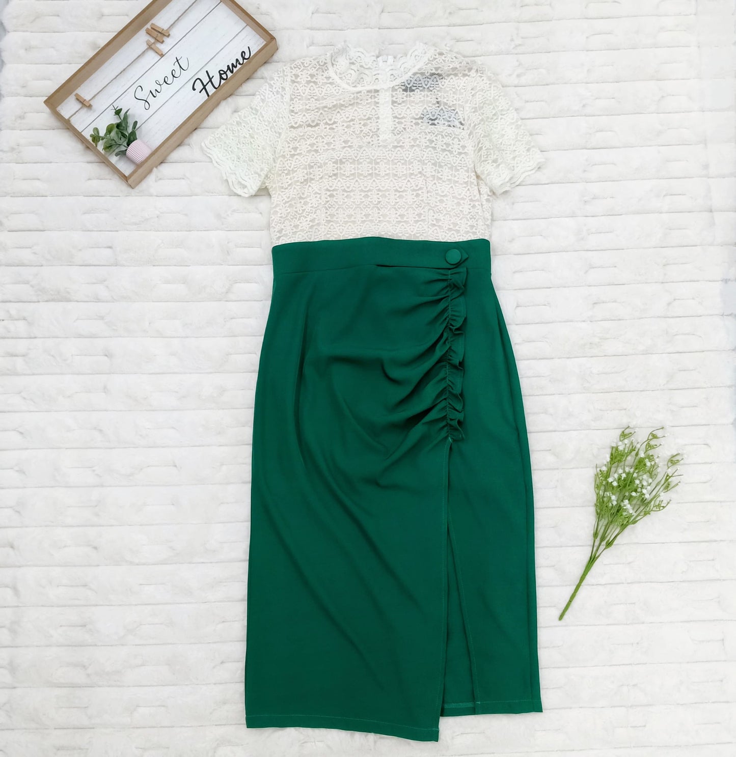 Lace Mock-Neck Ruched with High Slit Midi Dress