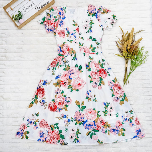 V-Neck Puff Sleeves Floral Printed Midi Dress