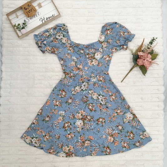 Sweetheart Puff-Sleeves Floral Printed with Pockets Midi Dress