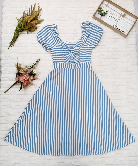 Striped Puff Sleeves with Pockets Midi Dress