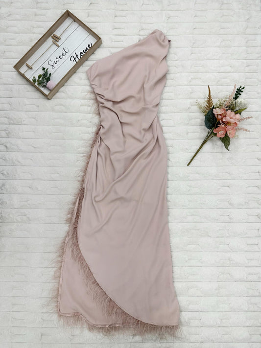 One-Shoulder Feather-Trim with High Slit Maxi Dress