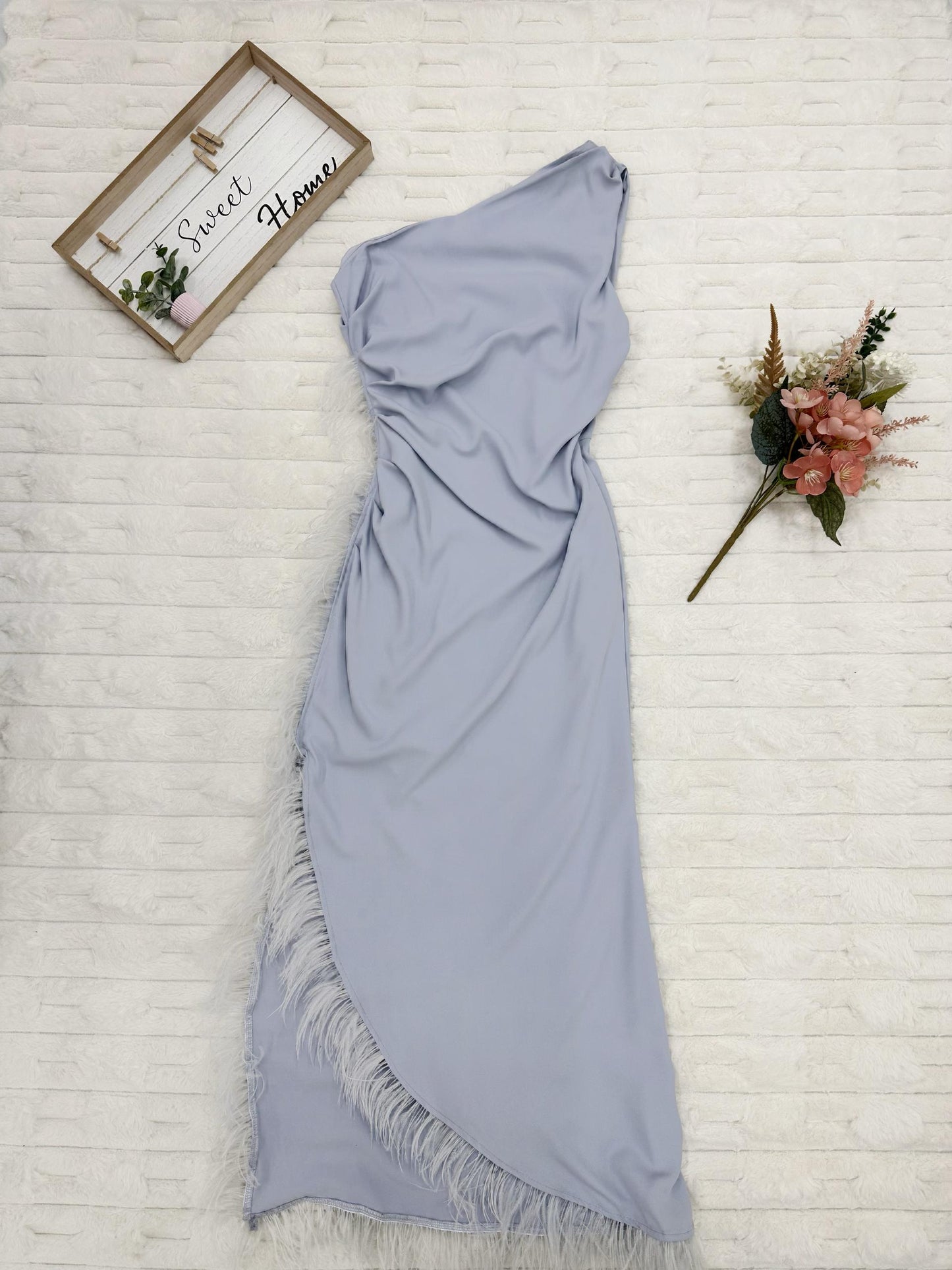 One-Shoulder Feather-Trim with High Slit Maxi Dress