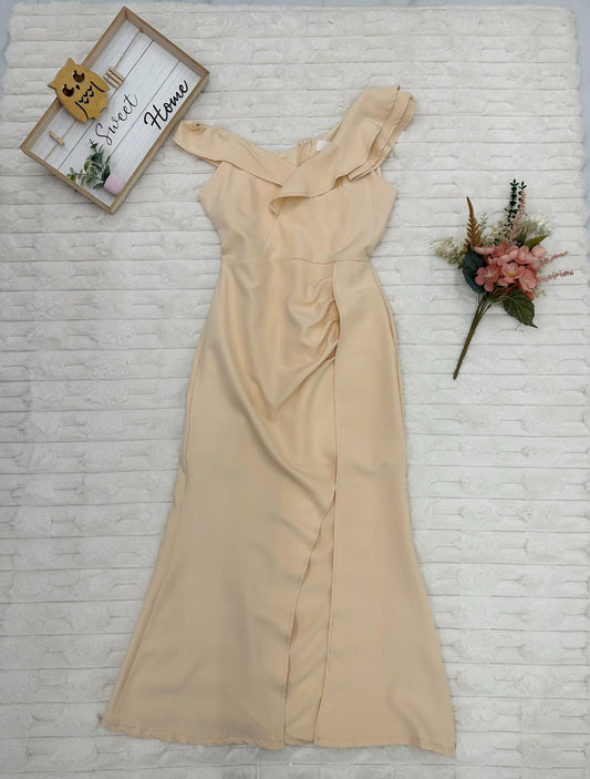 Ruffle One-Shoulder with Draped Asymmetrical High Slit Maxi Dress