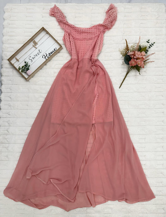 Off-Shoulder Eyelet with Front Sheer Maxi Dress