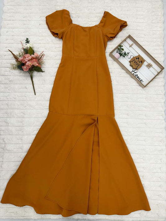 Sweetheart Puff-Sleeves with High Slit Maxi Dress
