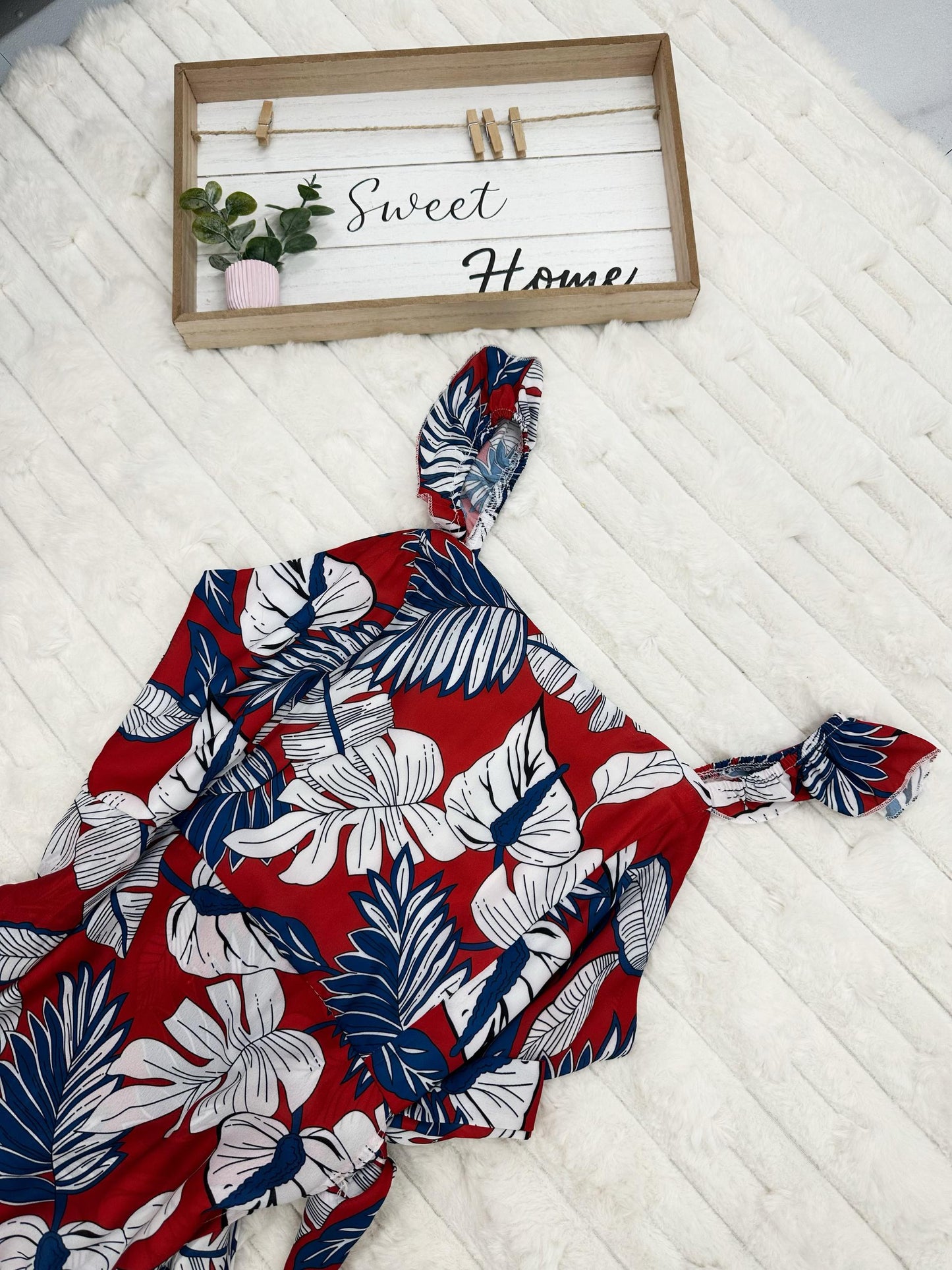 Off-Shoulder Tropical Print With High Slit