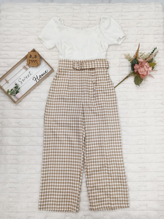Off-Shoulder Gingham Jumpsuit with Pockets
