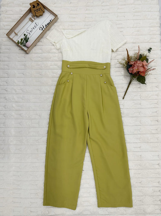 One-Shoulder Cap Sleeves with Gold Faux Pearl Jumpsuit