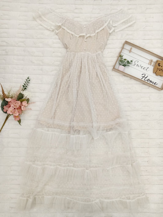 Off-Shoulder Polka Dot Mesh Tiered Maxi Dress