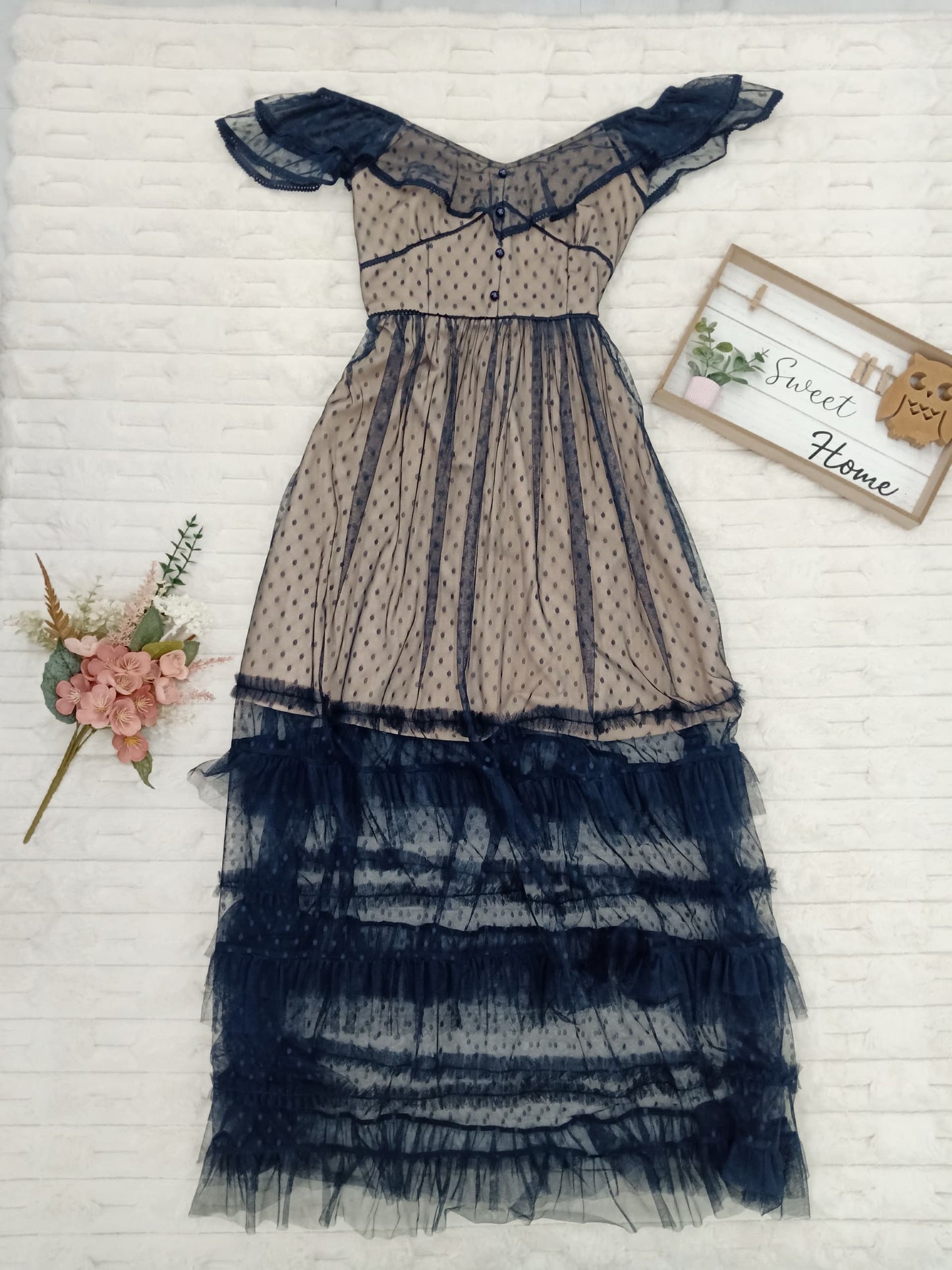 Off-Shoulder Polka Dot Mesh Tiered Maxi Dress
