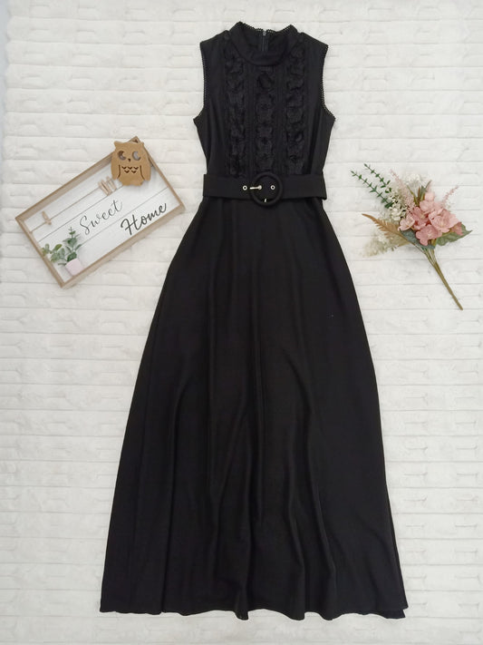 Mock-Neck Butterfly Lace Belted Maxi Dress