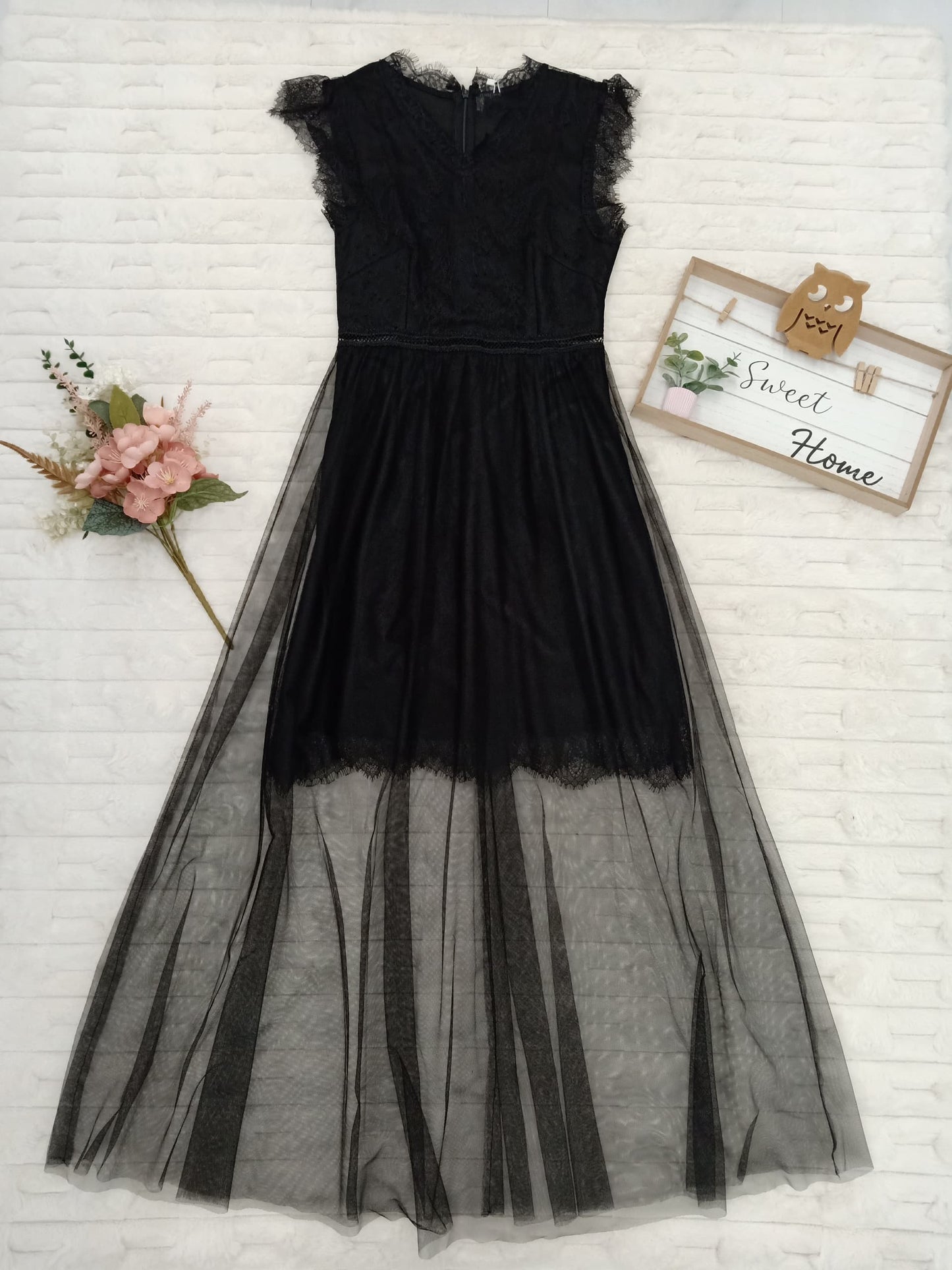 Cap Sleeve Mesh Lace Trim Overlay Gown