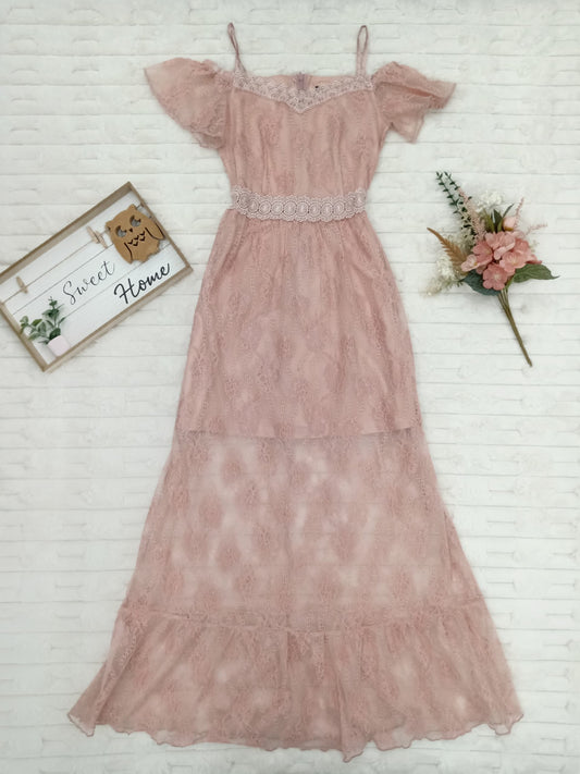 Cold Shoulder Overlay Lace Maxi Dress