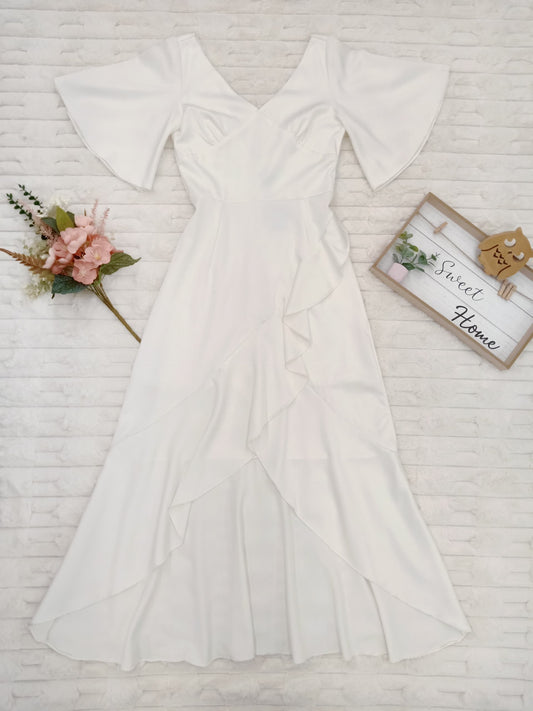 V-Neck Cascading High Low Ruffle Trim Gown