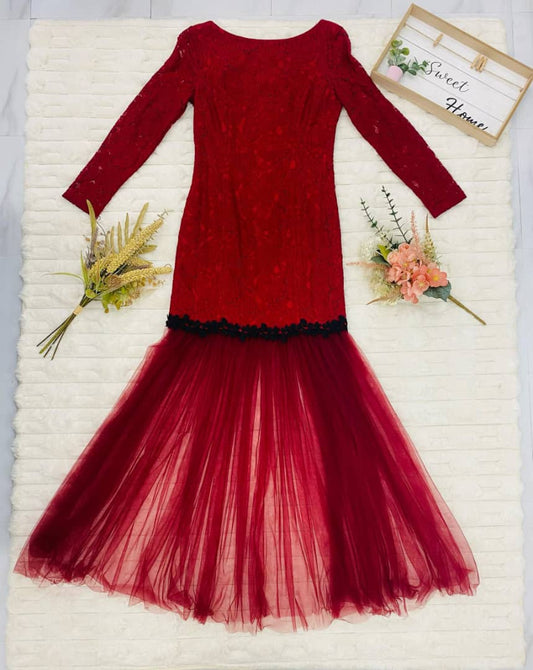 Square Neck Long Sleeve Lace Gown Maxi Dress