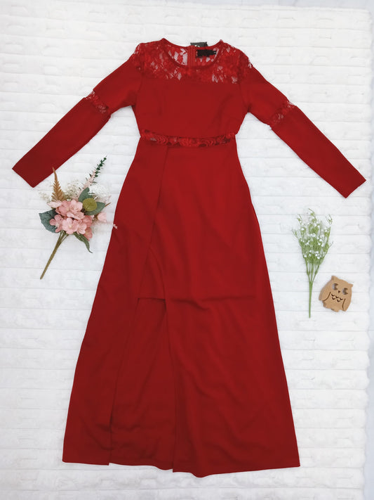 Long Sleeve Lace Trim Gown with High Slit